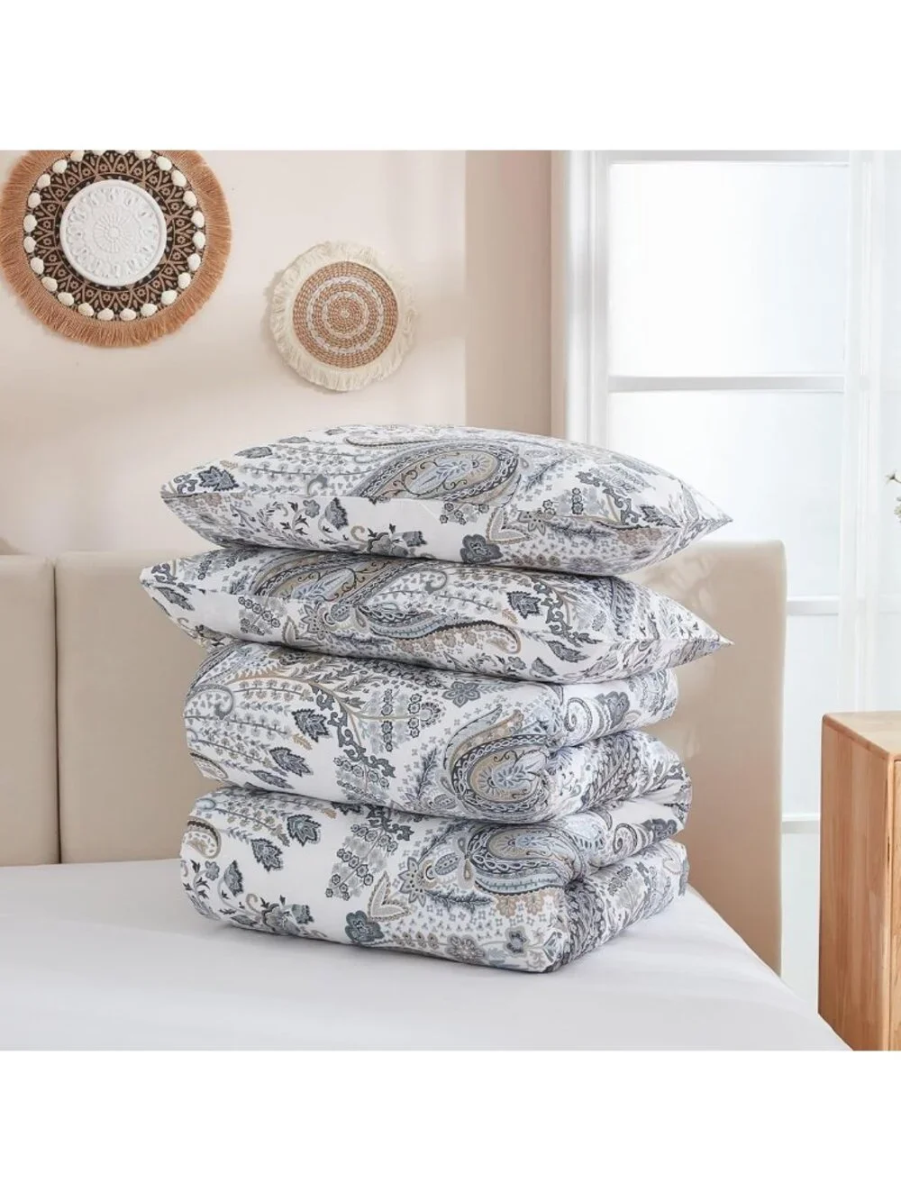 Queen Size Grey Blue Paisley Comforter Set - 3 Piece Lightweight Boho Bedding